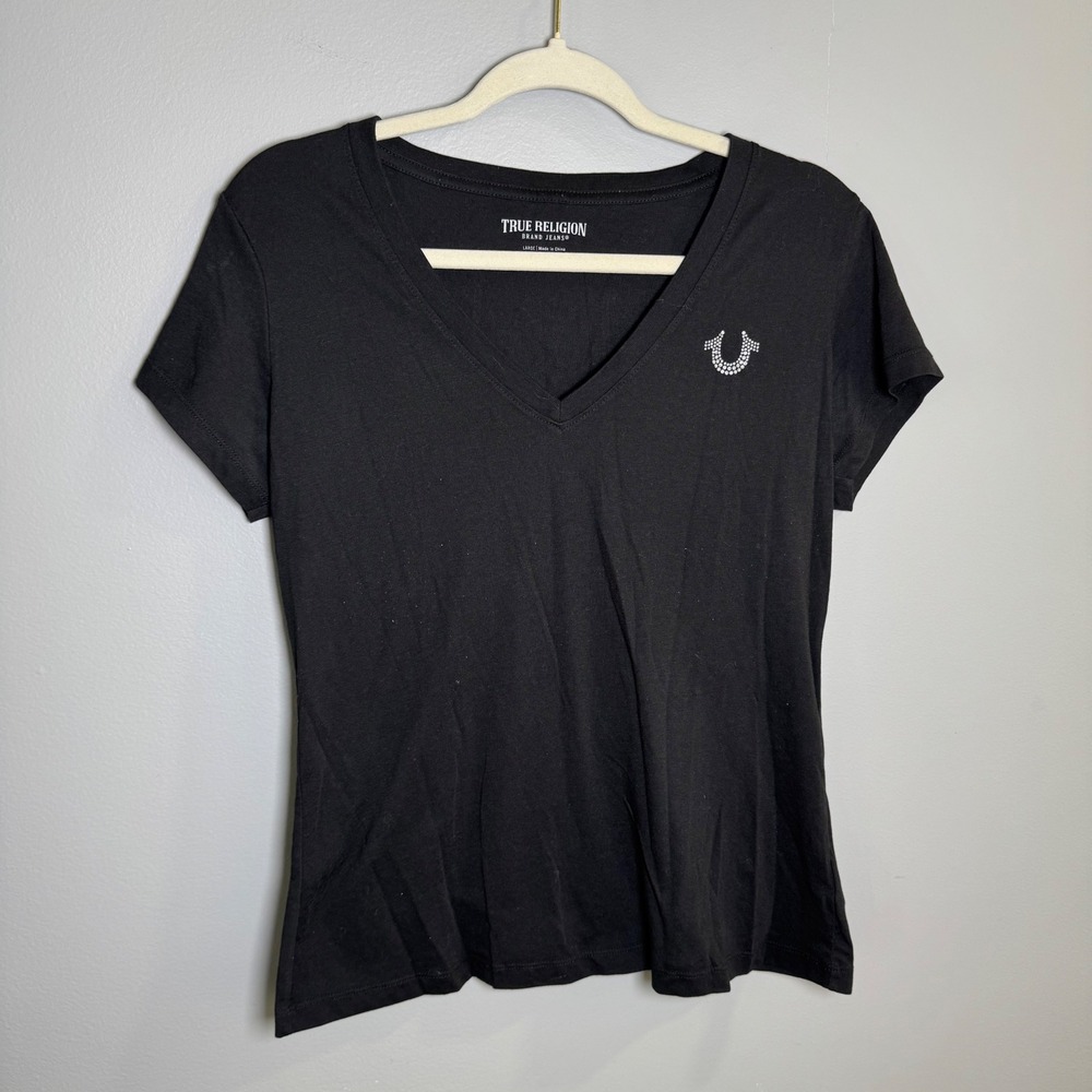 True Religion Black V-Neck T-Shirt Large Rhinestone Horseshoe Buddha Gold Foil